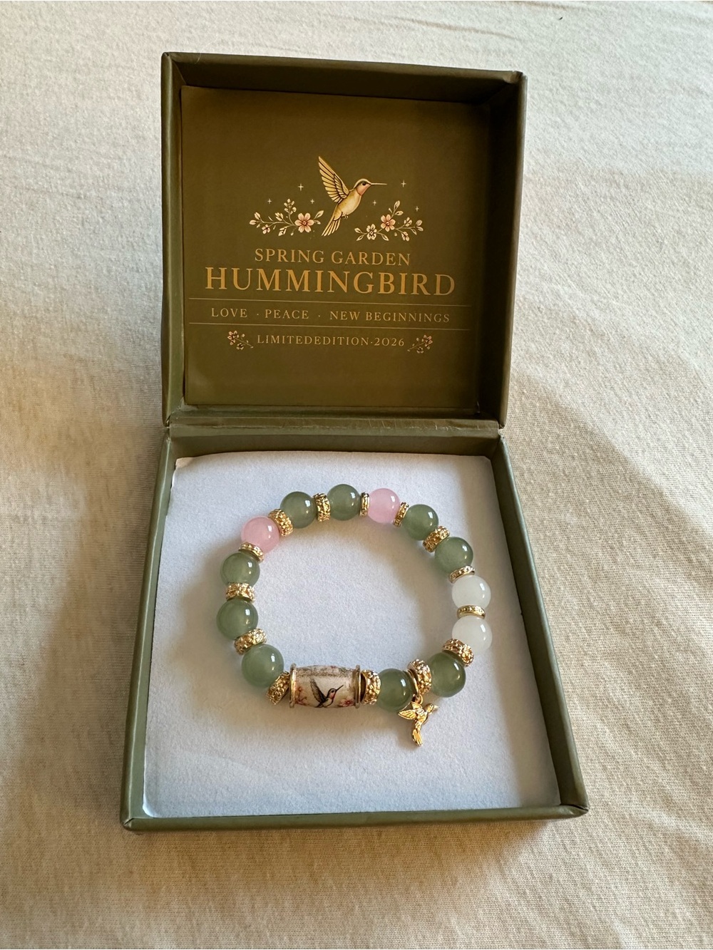 Hummingbird Green, Pink & White Beaded Stretch Bracelet with Gold Charm